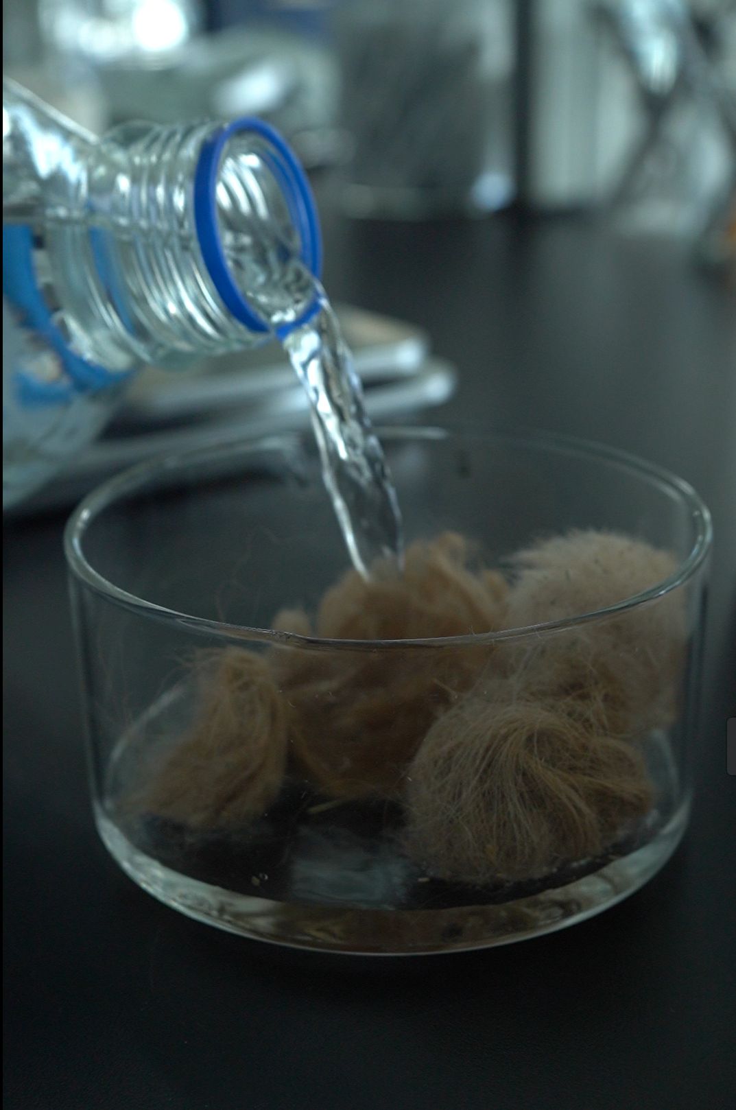 Wool extraction solution being poured during carbon isolation process