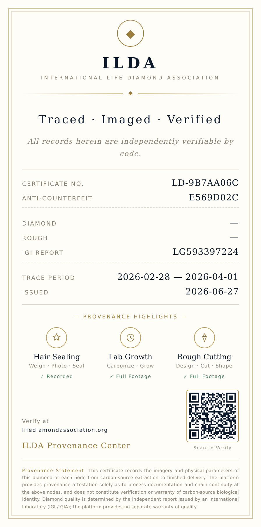 ILDA Provenance Certificate — Real demo data from International Life Diamond Association