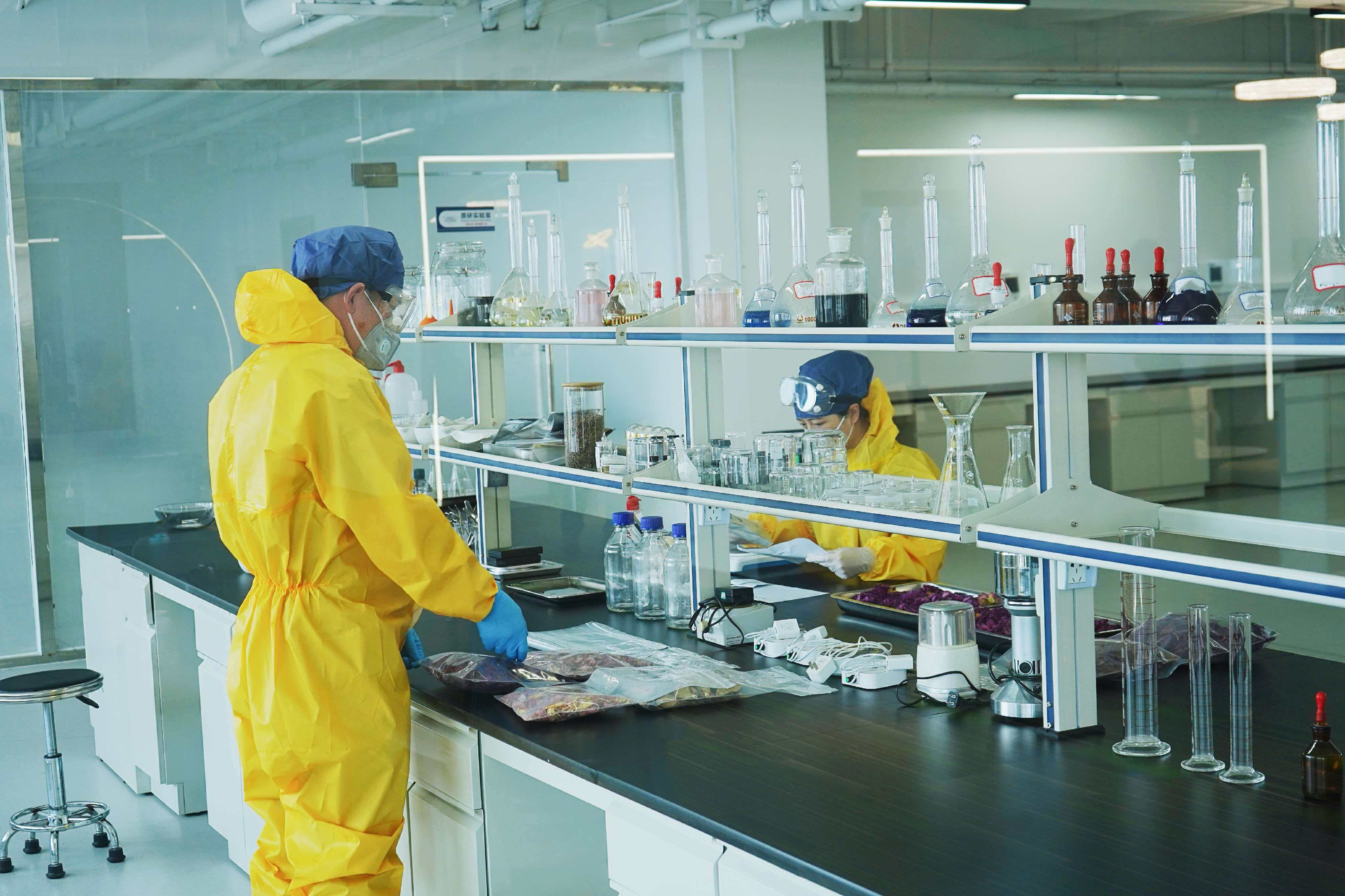 Laboratory overview of memorial diamond manufacturing facility showing HPHT synthesis equipment and workbench preparation areas