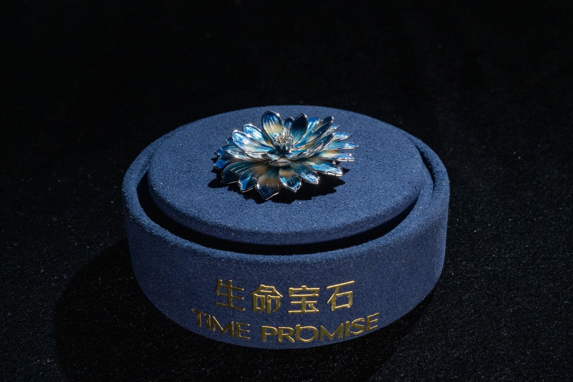 Peony Diamond — pink enamel peony brooch with commemorative diamond