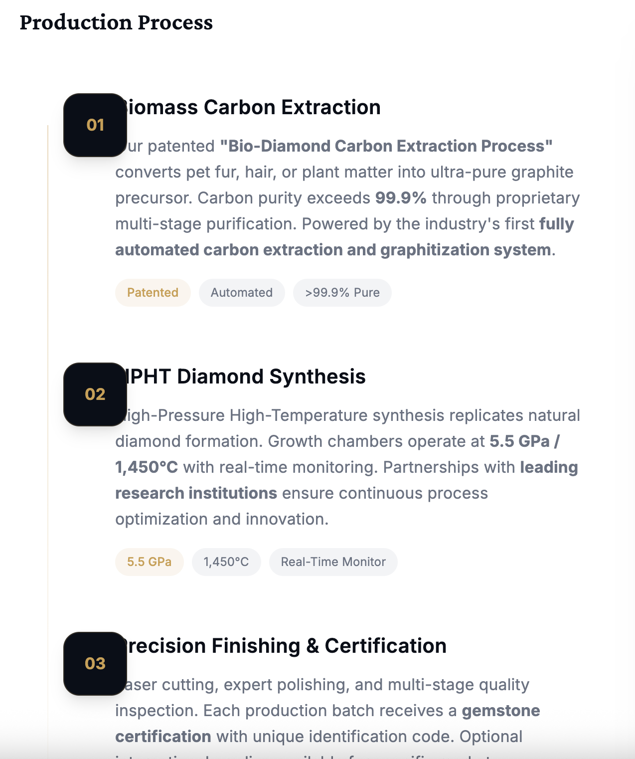 Memorial diamond manufacturing process diagram — carbon extraction, HPHT synthesis, and final certification