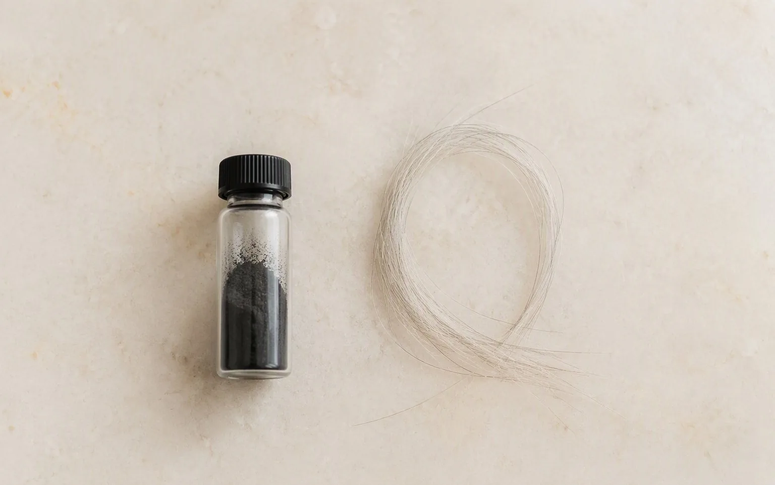 Vial of purified carbon and a lock of hair — memorial diamond source material